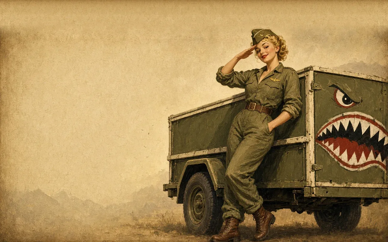 Mission GDS pin-up saluting beside a shark-mouth junk trailer